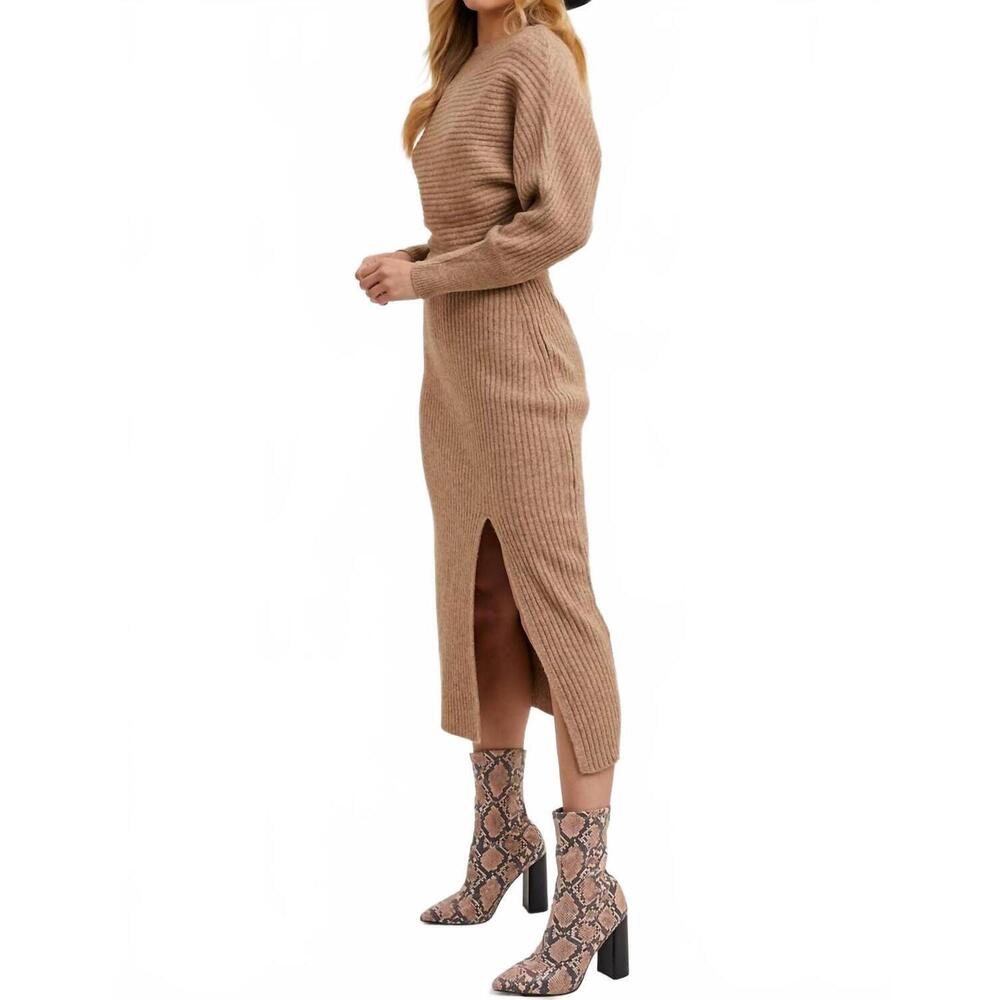 NEW BLUIVY one shoulder off side slit midi knit sweater dress in latte - Picture 7 of 8